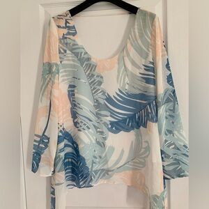 REISS Tropical Palm Print Blouse in Blue & Peach